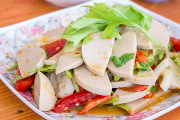 Close up of Thai cuisine spicy pork salad, Yum Moo Yor
