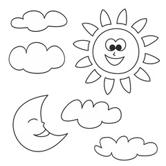 Sun, moon and clouds vector icons isolated on white background