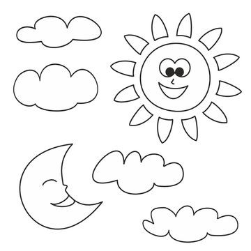 Sun, moon and clouds vector icons isolated on white background