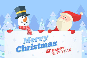Snowman and Santa with banner. Christmas vector background