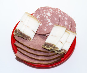 Meat, boiled sausage and salted pork fat