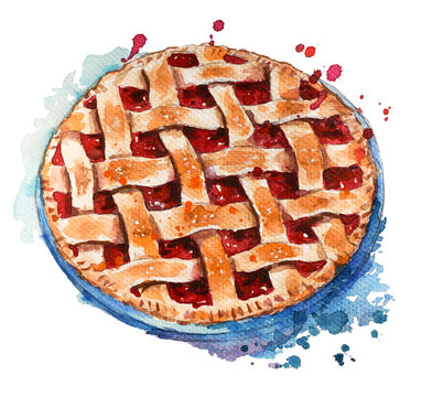 Hand painted home made berry pie. Watercolor