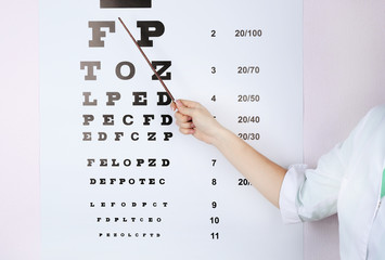 Health care, medicine and vision concept - woman with eye chart