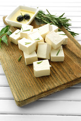 Feta cheese on table close-up
