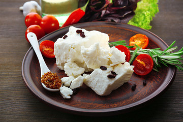 Feta cheese on table close-up