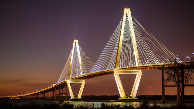 Timelapse of Ravenel Bridge in Charleston SC with a passing ship