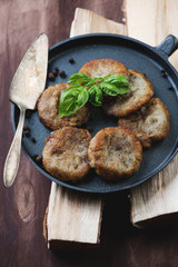 Frying pan with potato pancakes on wooden logs, close-up