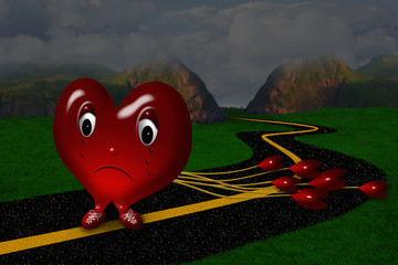 Sad Crying Heart Walking on a Road Pulling Little Hearts