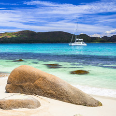 beautiful veiw of the beach with yacht, Seychelles