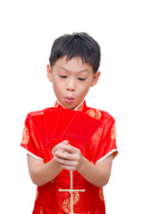 Asian boy with Chinese traditional dress  holding ang pow or re