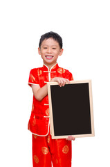 Little Asian boy smiling and holding greeting board