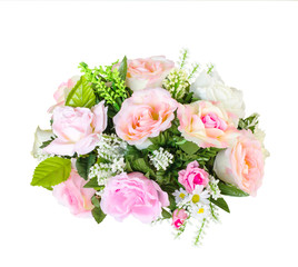 Artificial rose flowers bouquet on white backgroundStock