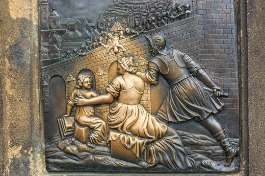 Relief on Charles Bridge in Prague, Czech Republic