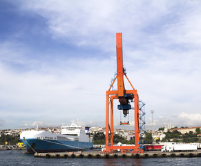Large container ship in a dock at port, Haydarpasa, Istanbul,