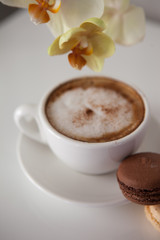 Cup of cappuccino with macaroon cookies