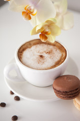 Cup of cappuccino with macaroon cookies