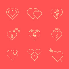 vector various red color outline valentines day heart icons set
