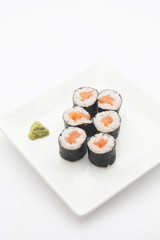 A plate of salmon maki sushi