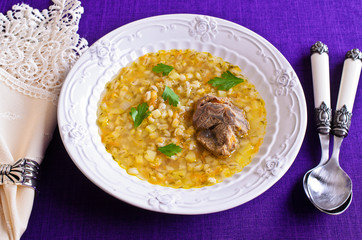 Soup with pearl barley and meat