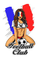 French soccer fan girl. Vector illustration.