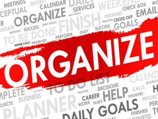 Word cloud of ORGANIZE related items, vector background