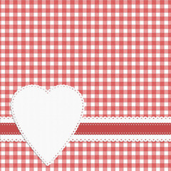 Gingham heart check background. Doily effect, red white.