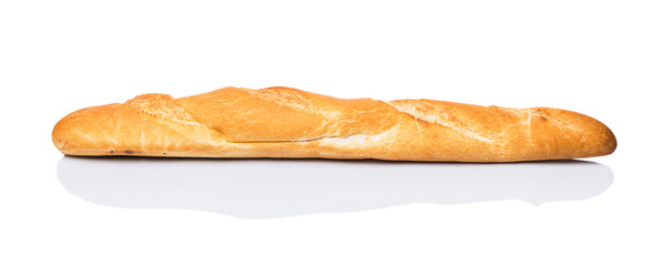 Fresh French baguette close up view over white background