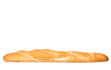 Fresh French baguette close up view over white background