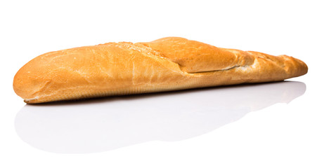 Fresh French baguette close up view over white background