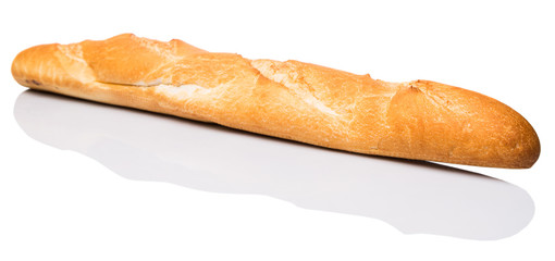 Fresh French baguette close up view over white background