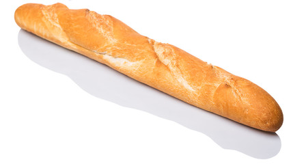 Fresh French baguette close up view over white background