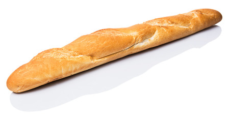 Fresh French baguette close up view over white background