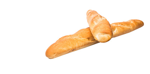 Fresh French baguette close up view over white background