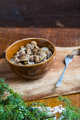 Fototapeta premium Marinated honey fungus in brown bowl on wooden table.