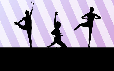 Obraz na płótnie Canvas Rhythmic art gymnastics woman with clubs vector background
