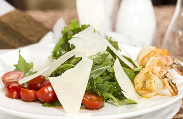 shrimp salad and greens on a white background