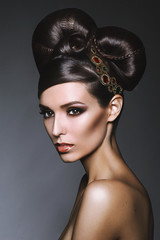 Beauty portrait of young girl with beautiful hairstyle)