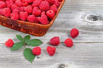 Basket Filled with Fresh Ripe Raspberries on Aged Wood