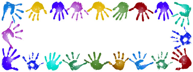 Conceptual children painted hand print frame isolated
