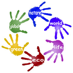 Conceptual children painted hand print word cloud