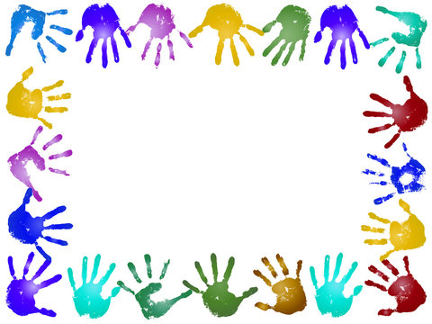 Conceptual children painted hand print frame isolated
