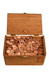 Old Wooden Box Full of Pennies
