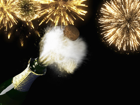 Champagne bottle and cork with lit firework