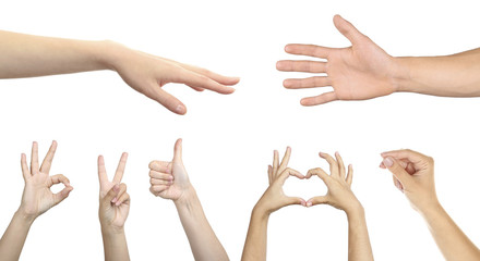 Hand collage, gestures set isolated on white