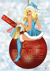 Christmas sale Santa girl with shop bags, vector