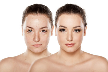 Comparison portrait of a woman without and with makeup