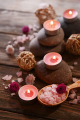 Composition of spa treatment on wooden background