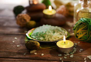 Composition of spa treatment on wooden background