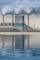 Smoke from chimney of power plant or station. Industry