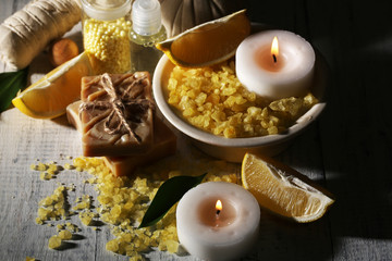 Spa still life on wooden planks background